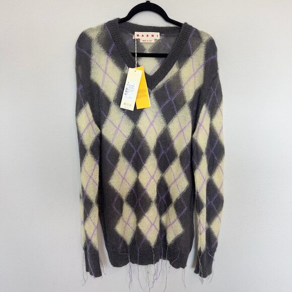 497 Nwt Marni Argyle-pattern V-neck wool-blend jumper Size 54 Color Grey Yellow - Picture 1 of 6